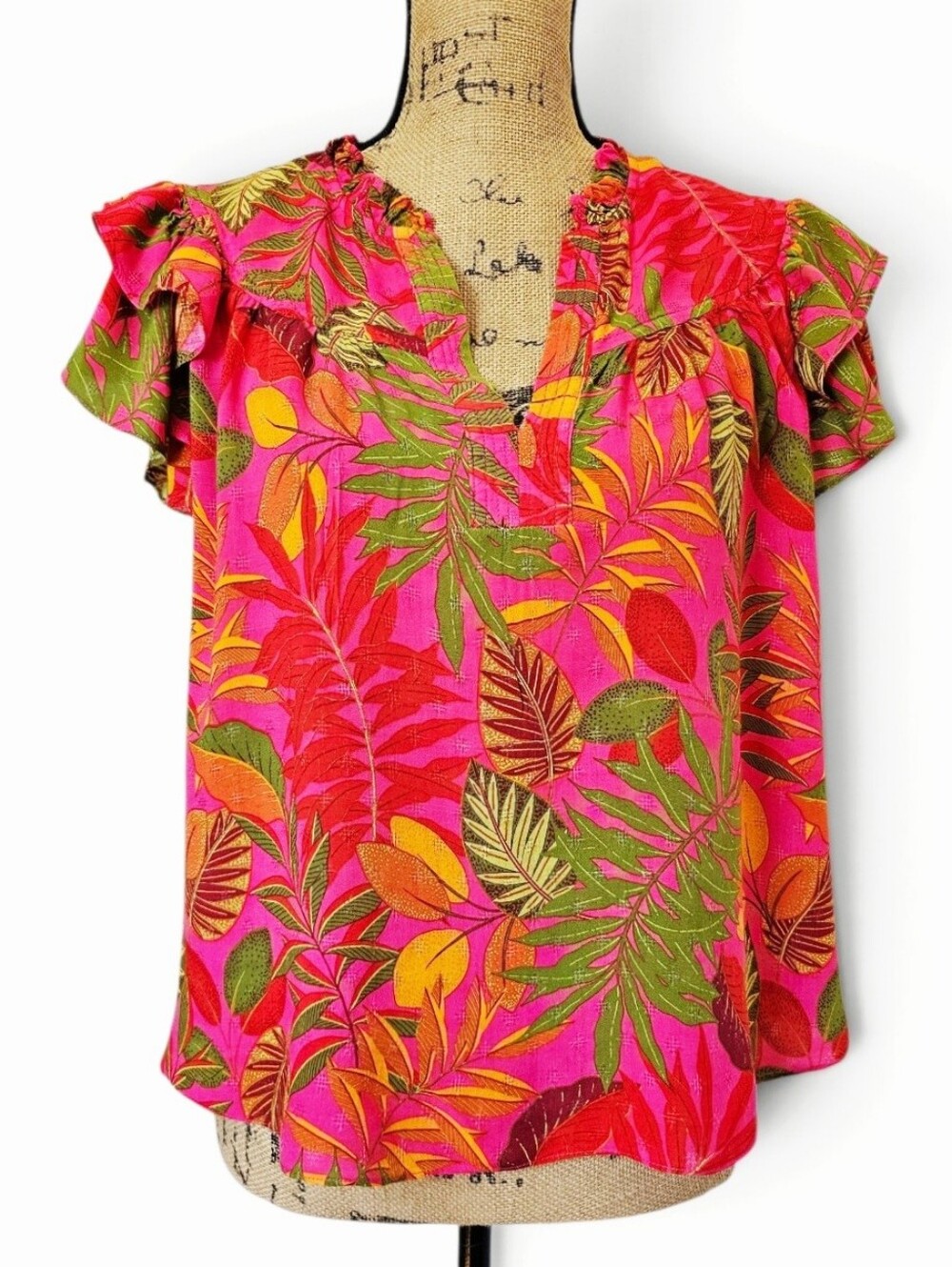 Rose&Olive Hawain Tropical Leaf Print Flutter Sleeve Blouse Ruffle Neck, Size S